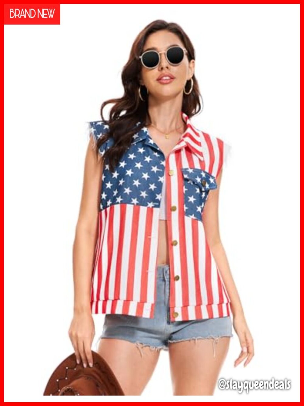 Flag Denim Vest Sleeveless Jean Button Down Patriotic Layering